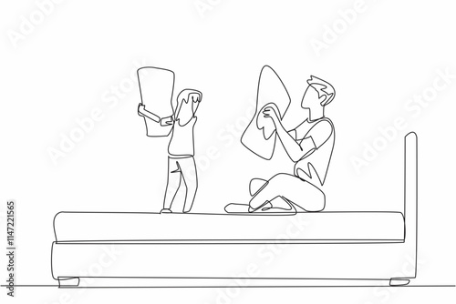 Single one line drawing International daughter standing and father in pajamas sitting on bed. Holding a pillow to prepare for war. Bond. Pillow Fight Day. Continuous line design graphic illustration