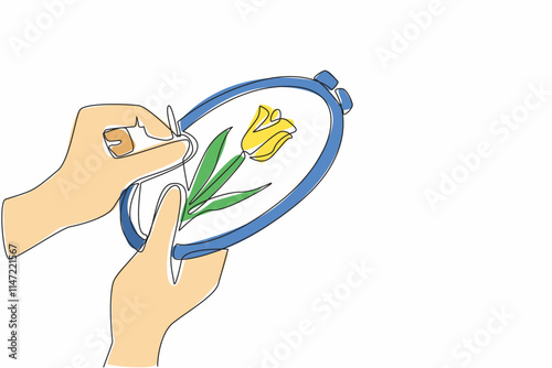 Single one line drawing two hands are embroidering a tulip pattern on the cloth. Spending free time by doing hobbies. Beautiful art. National Handmade Day. Continuous line design graphic illustration