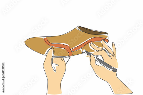 Single continuous line drawing two hands drawing a pattern on surface of a shoe using a marker. Beautiful art even when placed on a footrest. National Handmade Day. One line design vector illustration