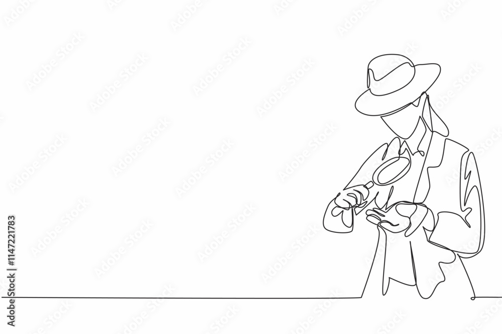 Single continuous line drawing a young woman looks at a rock in one of her hands using a magnifier. Hire experts for maximum results. Satisfying. Geologists Day. One line design vector illustration Single continuous line drawing a young woman looks at a rock in one of her hands using a magnifier. Hire experts for maximum results. Satisfying. Geologists Day. One line design vector illustration