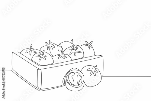 Continuous one line drawing tomatoes fill the wooden box. The harvest is satisfactory as expected. Very profitable. Antioxidants. Vitamin. Fresh Tomato Day. Single line draw design vector illustration