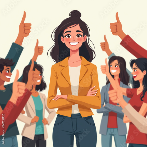 Public approval for a happy woman standing among positive gestures of support and acceptance. People support the blogger bride by expressing approval and sincere comments or agreeing.