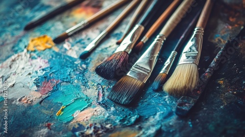 Fototapeta Naklejka Na Ścianę i Meble -  Artist brushes and colorful paints arranged on a textured canvas with ample copy space for creative projects. Generative AI