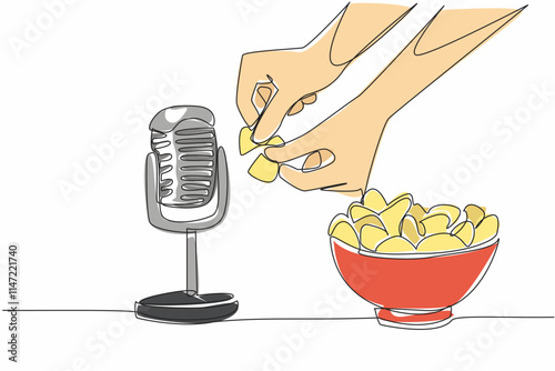 Single one line drawing hand plucks round potato chip and directs it towards the mic. A sound that stimulates appetite. Hungry. International ASMR Day. Continuous line design graphic illustration