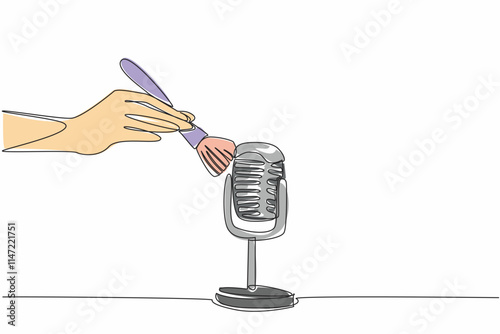 Continuous one line drawing hand wiping the mic with brush. Creates a thunderous sound. Visual effects like in the movies. Creative. International ASMR Day. Single line draw design vector illustration