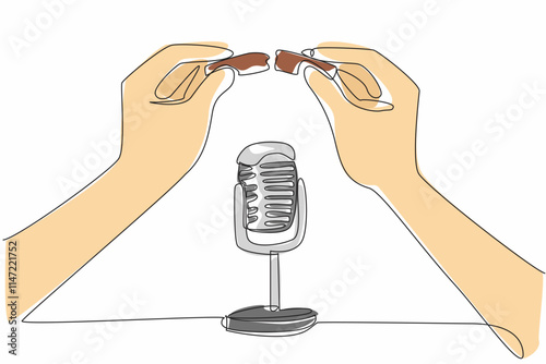 Single continuous line drawing hand plucks chocolate and points it towards the mic. Creates a food crumbs effect when dropped. Pleasure. International ASMR Day. One line design vector illustration