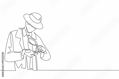 Single one line drawing a man looks at a rock in one of his hands using a magnifier. Looking for important info. The expert in his field. Geologists Day. Continuous line design graphic illustration