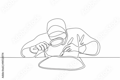 Single continuous line drawing people wearing full PPE checking some fairly large chunks of rock. Check the density of stone. Need important info. Geologists Day. One line design vector illustration
