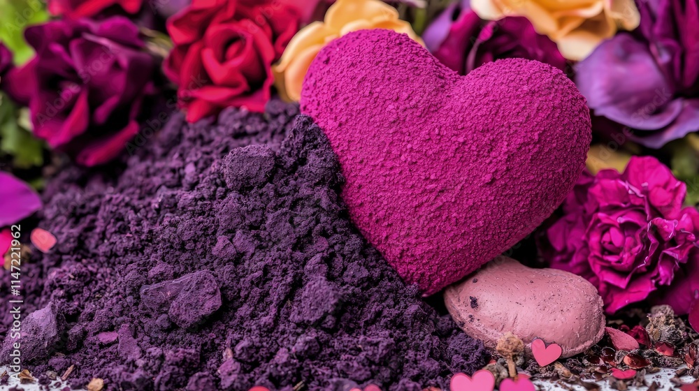 Obraz premium Magenta heart shaped bath bomb nestled in purple powder with colorful roses in the background.