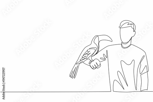Continuous one line drawing adult man with toucan on his hand. Birds with large and colorful beaks. Animal tropical forest. Avian. National Zoo Lovers Day. Single line draw design vector illustration