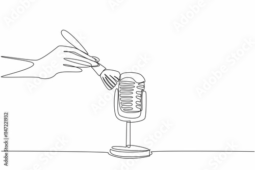 Continuous one line drawing hand wiping the mic with brush. Creates a thunderous sound. Visual effects like in the movies. Creative. International ASMR Day. Single line draw design vector illustration