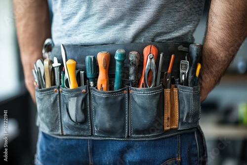 Handyman skilled in multiple trades with a variety of tools ready for work photo