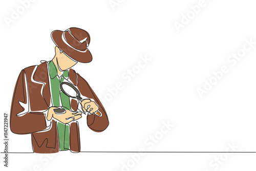 Single one line drawing a man looks at a rock in one of his hands using a magnifier. Looking for important info. The expert in his field. Geologists Day. Continuous line design graphic illustration