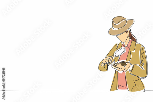 Single continuous line drawing a young woman looks at a rock in one of her hands using a magnifier. Hire experts for maximum results. Satisfying. Geologists Day. One line design vector illustration