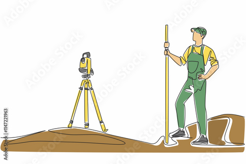 Continuous one line drawing man measures land using total station. New project plan. Measuring angles and distances. Theodolite. The expert. Geologists Day. Single line draw design vector illustration
