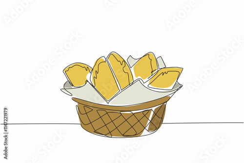 Single continuous line drawing empanadas arranged on a wicker rattan and tissue container. Packaged meals provided by the restaurant. Tasty. National Empanada Day. One line design vector illustration