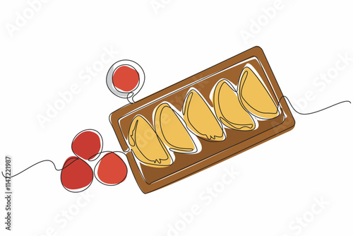 Single continuous line drawing 5 empanadas on a square tray neatly lined up, accompanied by sauce in a small bowl. Serving delicious snacks. National Empanada Day. One line design vector illustration