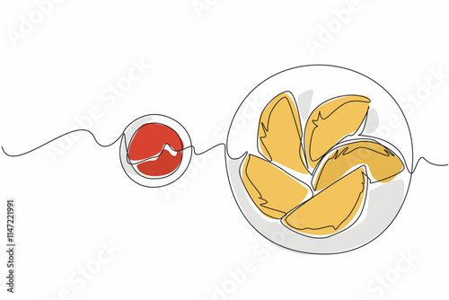 Single one line drawing 5 pcs empanadas on a small round plate and make a circle line. Freshly cooked food. Sauce as a complement. National Empanada Day. Continuous line design graphic illustration