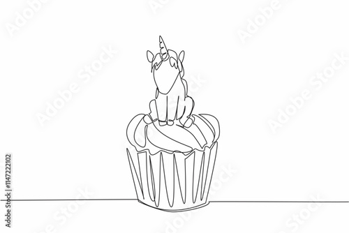 Single continuous line drawing cupcake with a unicorn sitting on top. Cake celebrates success. Pampering children with sweet snack. National Unicorn Day - Cupcake. One line design vector illustration