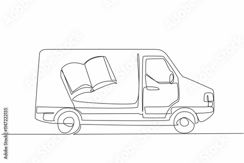 Continuous one line drawing a van with pictures of books on the side of its body. Modifying cars with a noble purpose. Educational. National Bookmobile Day. Single line draw design vector illustration