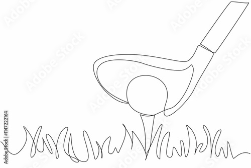 Single one line drawing golf ball on the grass and behind it is a golf club. Taking a running start to make it easier to hit. Preparation before hitting. Continuous line design graphic illustration