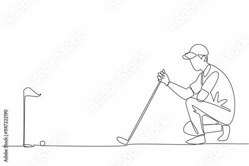 Continuous one line drawing man kneeling hold golf club watching golf ball. Measure angle for and distance to field ball. The amateur like a professional. Single line draw design vector illustration