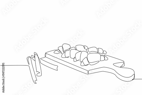 Continuous one line drawing cinnamon crescents on cutting board and few cinnamon sticks. Get ready to serve a healthy snack. National Cinnamon Crescent Day. Single line draw design vector illustration