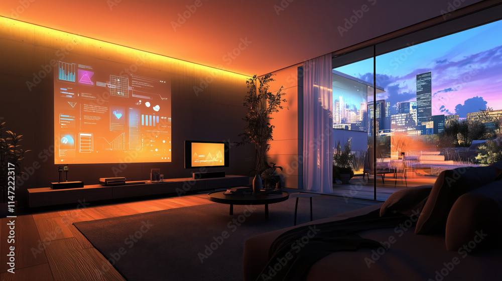 3D-Rendered Open-Concept Living Space with Smart Energy-Saving Devices and a Vibrant Wall Projection Showing Points and Achievements for Sustainable Living