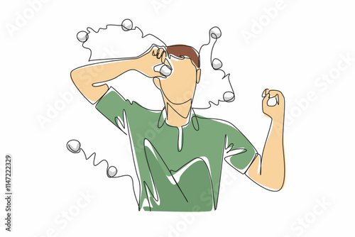 Single continuous line drawing a man lying on the grass holding a golf ball placed on his eye. Free sessions from training are used to take a short break. Amateur. One line design vector illustration