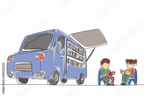 Continuous one line drawing some little children sitting reading books near the bookmobile. Channeling the hobby of reading. Focus. National Bookmobile Day. Single line draw design vector illustration