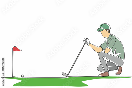 Continuous one line drawing man kneeling hold golf club watching golf ball. Measure angle for and distance to field ball. The amateur like a professional. Single line draw design vector illustration