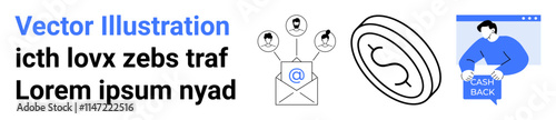 Email symbol connecting people, large coin, man with cash back message. Ideal for marketing, fintech, user acquisition, newsletters, ROI tracking, engagement, promotions. Landing page
