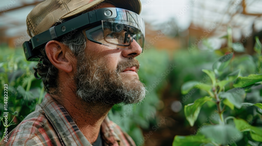 A farmer wearing augmented reality (AR) glasses to assess crop health, with digital overlays showing real-time data on plant conditions A farmer wearing augmented reality (AR) glasses to assess crop health, with digital overlays showing real-time data on plant conditions