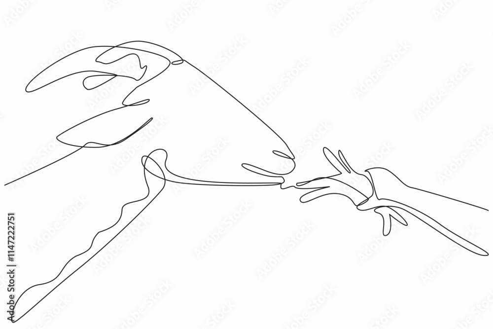 Obraz premium Continuous one line drawing hand of children feeding grass to goats. Long horn. Beloved pets. Can produce healthy pure milk. National Farm Animals Day. Single line draw design vector illustration