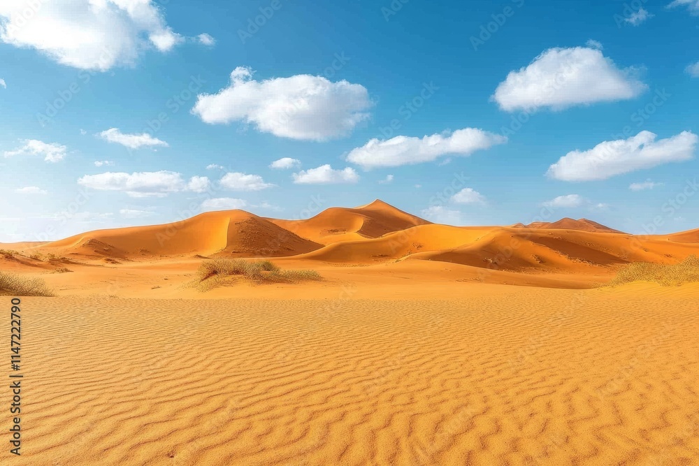 A serene desert landscape with rolling sand dunes under a clear blue sky. A serene desert landscape with rolling sand dunes under a clear blue sky.