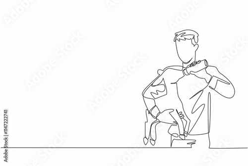 Single continuous line drawing male farmer hold goat kid and feeding it milk from a bottle. Sick. Cannot breastfeed directly. Preventive. National Farm Animals Day. One line design vector illustration