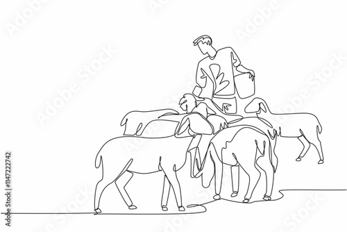 Single one line drawing male energetic farmer is feeding from a bucket to a crowd of sheep. Very obedient livestock. Persistent. National Farm Animals Day. Continuous line design graphic illustration