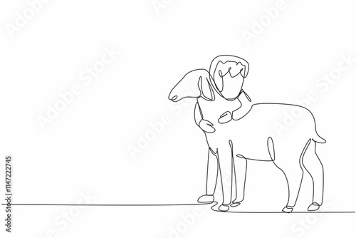 Single one line drawing the little girl hugging sheep. Sold out. Not willing to let go. Nurtured from childhood. Little farmer. National Farm Animals Day. Continuous line design graphic illustration photo