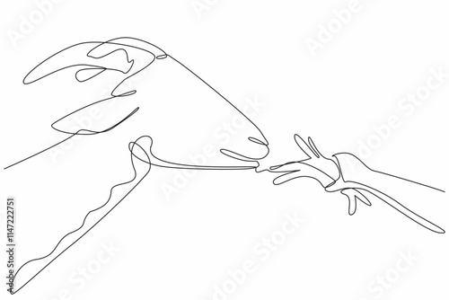 Continuous one line drawing hand of children feeding grass to goats. Long horn. Beloved pets. Can produce healthy pure milk. National Farm Animals Day. Single line draw design vector illustration