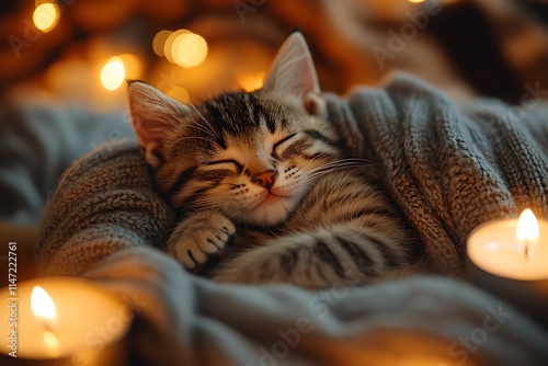 Adorable tabby kitten sleeping soundly in a cozy knitted blanket with soft candlelight ambiance