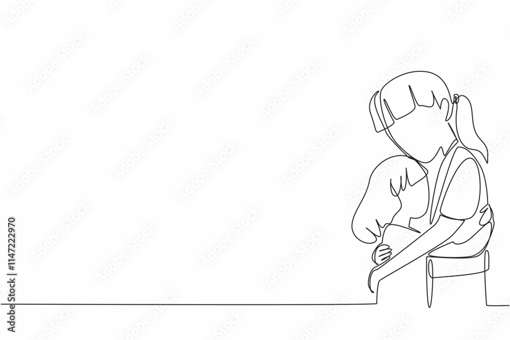 Continuous one line drawing two sisters hugging each other. Longing hug. Body language that speaks. Love each other. Sisterhood. National Siblings Day. Single line draw design vector illustration