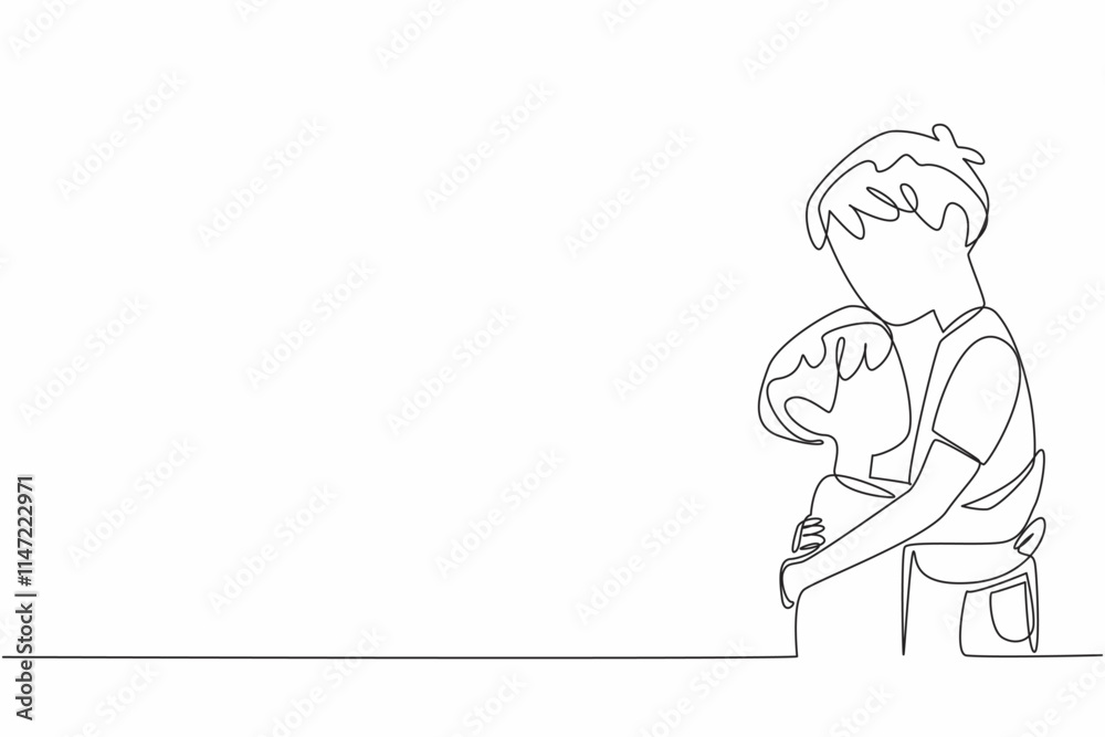 Single one line drawing two brothers hugging each other. After the conflict subsided, they forgave each other. Small disputes. Calm. National Siblings Day. Continuous line design graphic illustration Single one line drawing two brothers hugging each other. After the conflict subsided, they forgave each other. Small disputes. Calm. National Siblings Day. Continuous line design graphic illustration