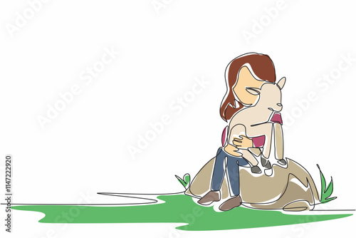 Single continuous line drawing girl sitting on a large rock holding a baby goat. Loving livestock until they reproduce. Little shepherd. National Farm Animals Day. One line design vector illustration