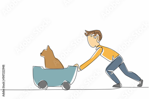 Single one line drawing a boy is pushing a wheeled cart containing a cat. Playing happily. Taking care of pets. Fun and cheerful. Cute. National Pet Day. Continuous line design graphic illustration
