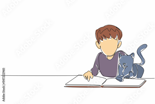 Single one line drawing the boy prone and reading a book with his cat. Seeing a picture of a cat in a book. Attracts attention. Together. National Pet Day. Continuous line design graphic illustration