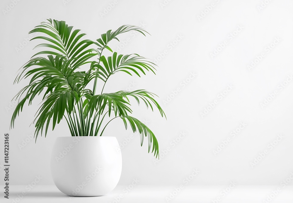 Serene Minimalist Home Decor: A Lush Green Palm Plant in a Modern White Pot Against a Clean White Wall Serene Minimalist Home Decor: A Lush Green Palm Plant in a Modern White Pot Against a Clean White Wall