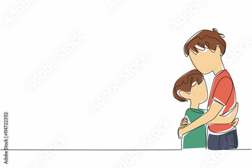 Single one line drawing two brothers hugging each other. After the conflict subsided, they forgave each other. Small disputes. Calm. National Siblings Day. Continuous line design graphic illustration