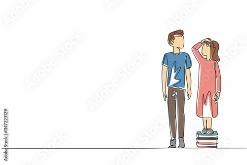 Continuous one line drawing older brother stands on tiptoe while younger sister stands on a pile of books. Want to be on same level. National Siblings Day. Single line draw design vector illustration