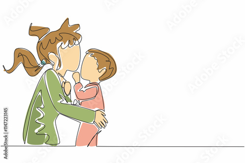 Single one line drawing a girl kisses her forehead of baby sister. Guarding until sleep. A sincere of sister affection. Sisterhood. National Siblings Day. Continuous line design graphic illustration