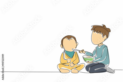 Single one line drawing the older brother feeds his younger brother. Patiently and carefully put the spoon into the mouth. Loving. National Siblings Day. Continuous line design graphic illustration